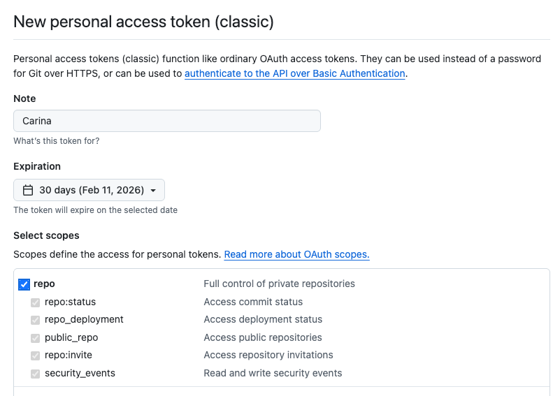 Making a personal access token on github