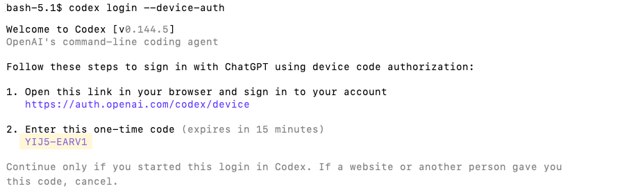 Screenshot showing a Codex login
