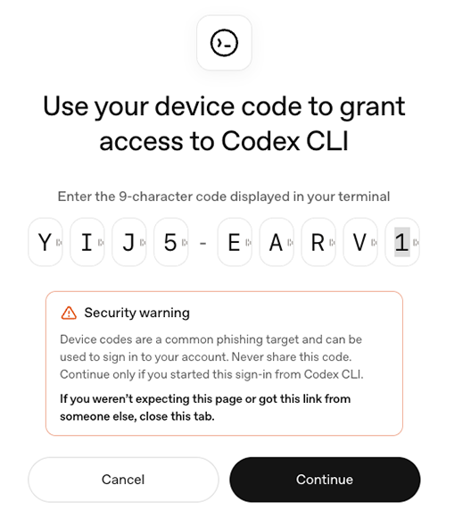 Screenshot showing Codex login