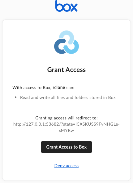 Screenshot of Box screen to grant access, which allows the creation of an auth token